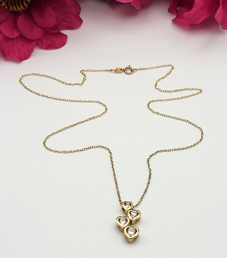 Gold Vermeil Sterling Silver CZ 4-Heart Drop Pendant Necklace 18″ Spring Ring