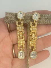 Vintage Long Dangle Rhinestone Clip On Earrings Gold Tone Runway Statement