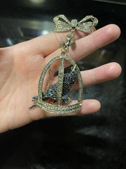 Hand Crafted Bird In Cage With Bow Rhinestones Brooch