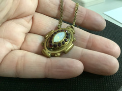 VTG/Antique brass?Czech? Garnet rhinestones Opalite glass pendant necklace 18″