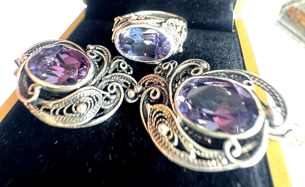 Vintage 1974 Soviet Silver 875 Set Alexandrite Color Change Filigree Kharkiv 4ХЮ