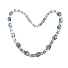 Vintage Blue White Porcelain Ceramic Beaded Necklace Chinoiserie Floral Barrel