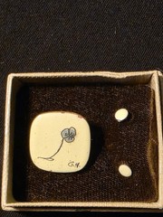 G.H. Ceramic yellow square pin and earrings with Flower Design Signed