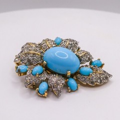 Jomaz Mazer Blue & White Rhinestone Gold Flower 2″ Brooch Pin Signed HTF