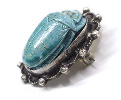 Antique brooch pin Egyptian scarab silver & ceramic jewelry signed in two places