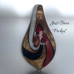Art Glass Pendant – Tear Drop – Red Black White Swirl Foil