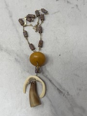 Vintage Bakelite Millefiori African Trade Bead Necklace Horn Bone Pendant