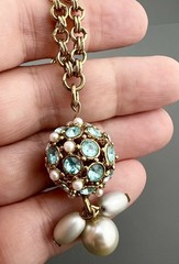 Vintage Rhinestone Faux Pearl Necklace Sputnik Statement Gold Tone 32”