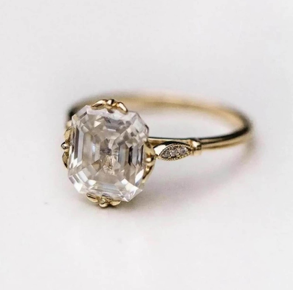 Vintage 3CT Asscher eal Moissanite Engagement Ring In 14K Yellow Gold Finish