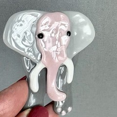 Vintage Elephant Brooch Grey Pink Ceramic Large Big