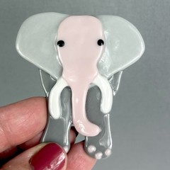 Vintage Elephant Brooch Grey Pink Ceramic Large Big