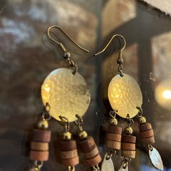 Vintage Dangle Drop Earrings Metal & Wood Beads Feather Boho Gold And Brown