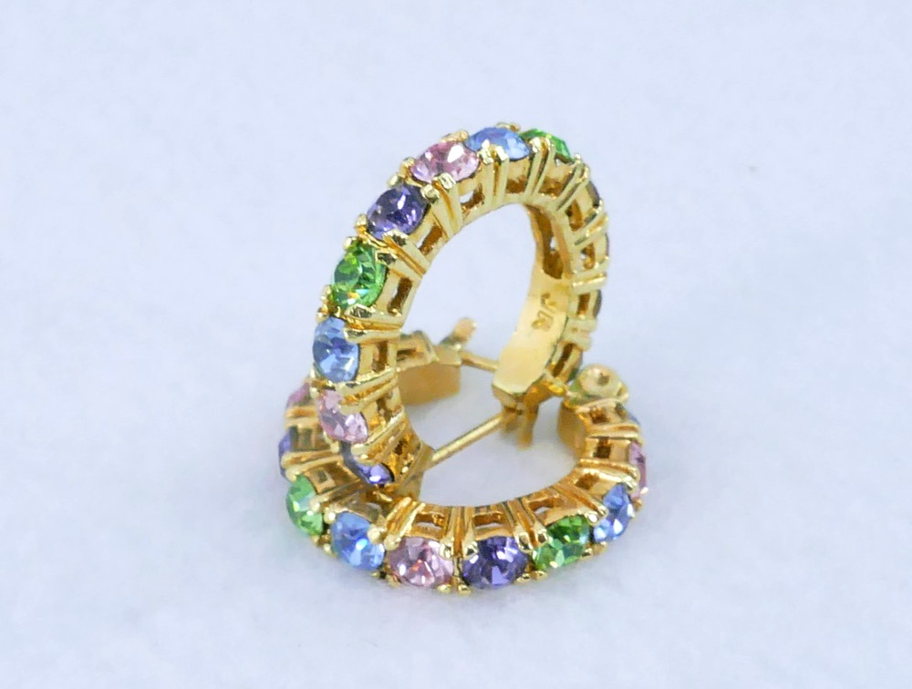 JOAN RiVERS PiNK GREEN LiLAC BLUE CRYSTAL GOLD TONE PiERCED HOOP EARRiNGS