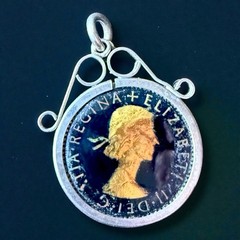Lucky Sixpence Pendant British Coin Charm Queen Elizabeth II Vintage 1954