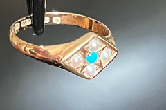 1873 Victorian Turquoise Seed Pearl 15k Gold Ring Birmingham Size 6.5+/- not 14k