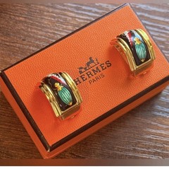Hermes Vintage Cloisonne’ Luxury Enamel Gold Tone Clip on Earrings with box