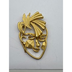 Vintage 80s Matte Gold Tone Open Work Modern Abstract Face Brooch Pin J32
