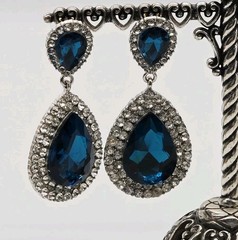Aqua Blue Crystal Earring TEARDROP Silver Tone Pierced Dangle Couture 2.25 in