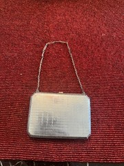 1920s Art Deco Enamel Compact Purse Mirror Powder Rouge Case w/ Chain Handle