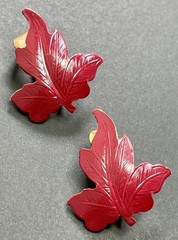Vintage 1.1” Red Fall Maple Leaf Enameled Gold Tone Clip Earrings