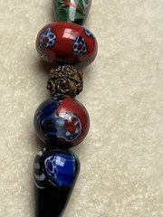 Vintage Multicolor Glass Large Bead Necklace Copper Green Jasper Pendant * Read