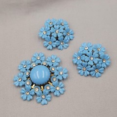 Vintage Blue Flower Brooch and Clip on Earring Set Rhinestone Plastic