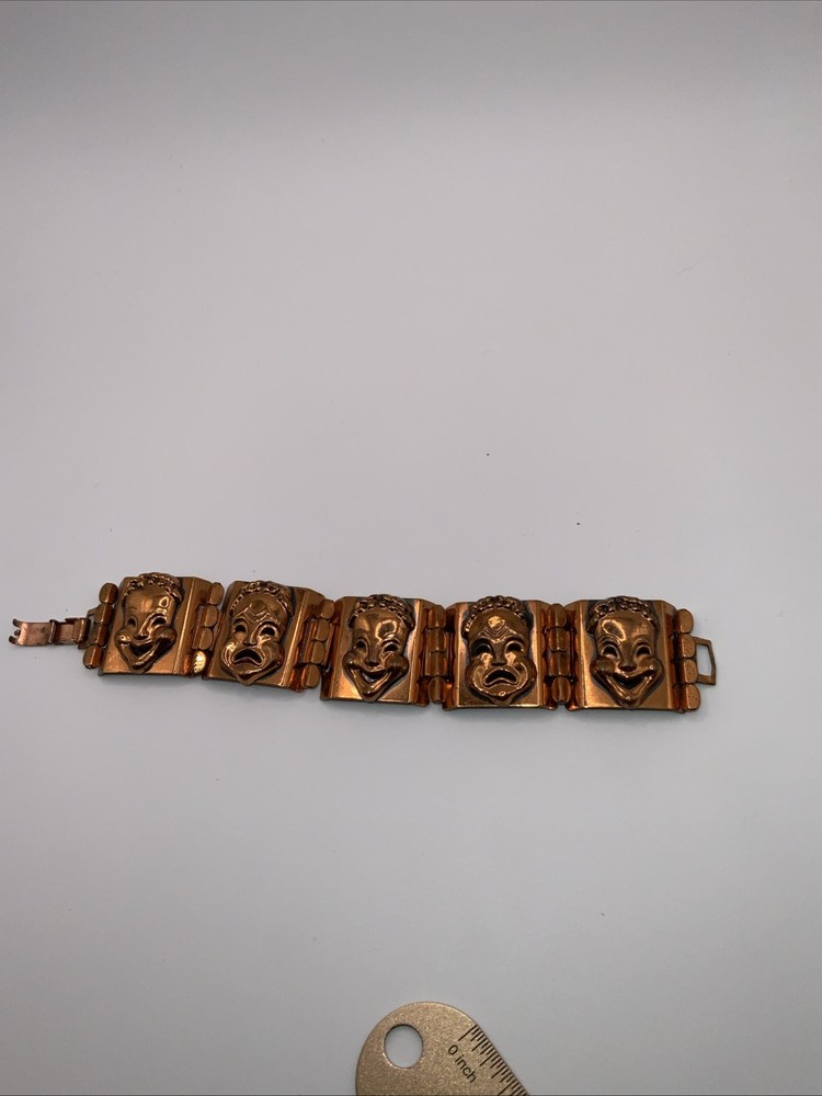 Vintage Renoir Copper Theater Mask Link Bracelet Mid Century Modern Drama Art