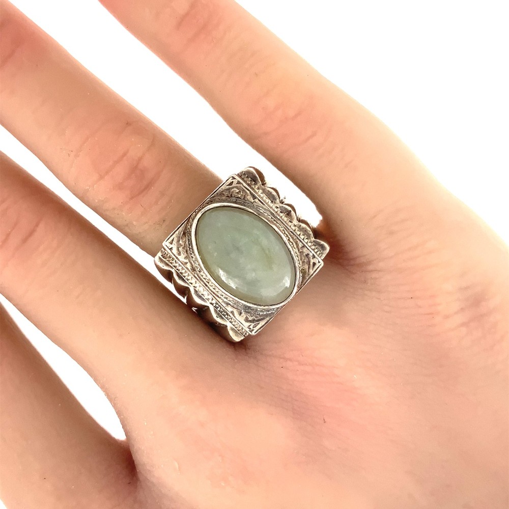 Prehnite, Sterling Silver Vintage Ornate Band Ring Sz. 9.5
