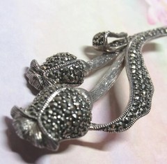 Genuine Solid Sterling Silver with Marcasite Stones Tulip Leaf Flower Pin 14.5g