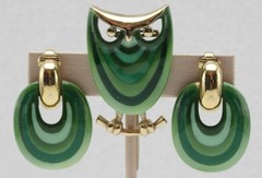 1970s EISENBERG Shades of Green Enamel Artist Series Owl Brooch & Earrings