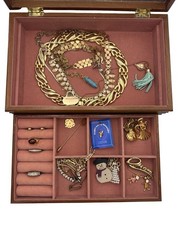 Vintage Gold Tone Jewelry Lot Filled Wood Jewelry Box Necklaces Brooches Gift