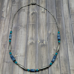 Southwestern Style Multi Color Blue Stone and Metal Vintage Necklace 17 Inch