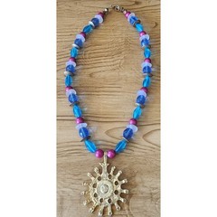 Vintage Sun Pendant Beaded Necklace Multi Color & Blue Beads Gold Tone See Pic *