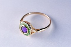 Art Deco Amethyst & Emerald Lab Created Diamond Wedding Ring 14K Yellow Gold FN