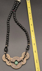 Chinese 5 FULU Coin 23″ Necklace w/Black Onyx/Obsidian Beads & Center Jade Stone