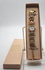 Vintage RARE HTF Signed Goldtone Kirks Folly Enameled Tea Party Watch w/Box 8″