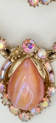 Vintage 50’s Hollycraft set Moonglow glass pink ab crystals lavalier neckla