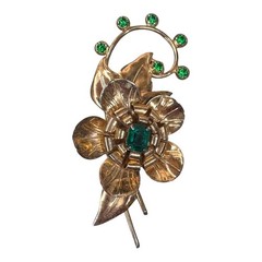 Vintage Sterling Silver Man Made Emerald Floral Brooch Gold Vermeil Intricate 3″