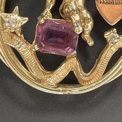 Vintage Coro February Pendant Necklace Gold Tone Cherub Glass Garnet Rhinestone