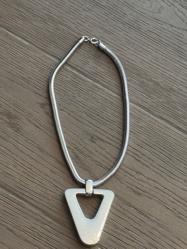 LANVIN PARIS Vintage Pendant Necklace Silver Tone Metal Geometric