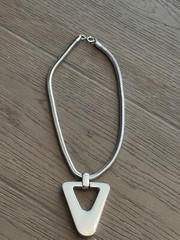 LANVIN PARIS Vintage Pendant Necklace Silver Tone Metal Geometric