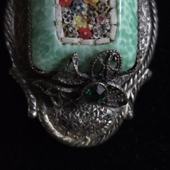 Antique Silver Tone Millefiori Micromosaic Brooch Pin Green Rhinestones Art Deco