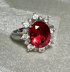 925 Sterling Silver Red & White CZ Halo Ring Size 8 Oval Statement Cocktail