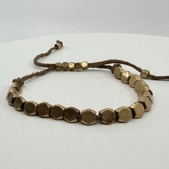 Boho Stackable Hexagon Brass Tone Bead Bracelet Adjustable Cord Earthy Gift Idea