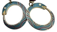 Laurel Burch Earrings Serpentine Snake Teal & Purple Enamel Gold Circle Dangle