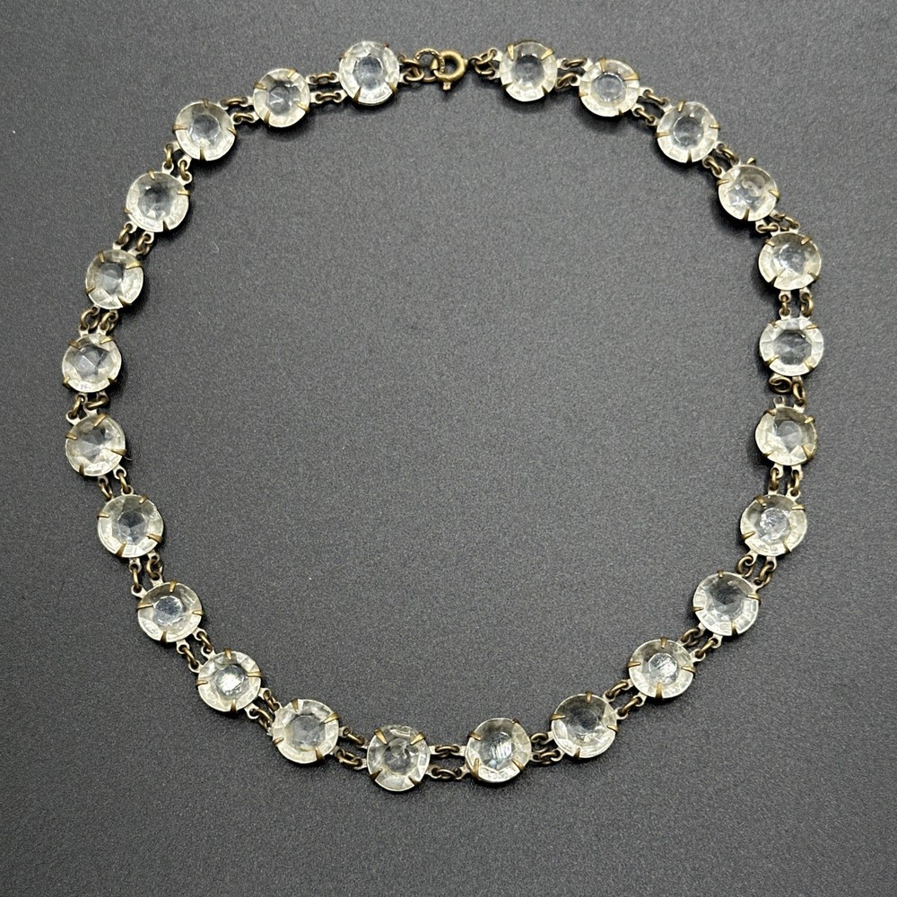 Rivière Clear Czech Glass Necklace Brass Choker Art Deco 14.5” Faceted Open Back