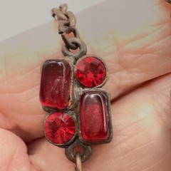 Art Deco Inspired Necklace Bronze Tone Red Lucite Dangles Adjustable 16″ – 19″