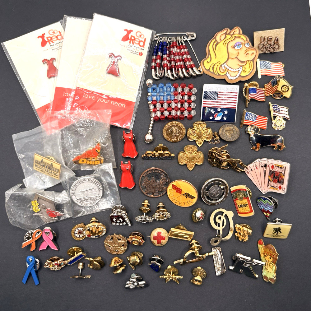 Vintage Lot of Lapel Pins Brooches Flags Enamel Rhinestones Assorted Unsigned