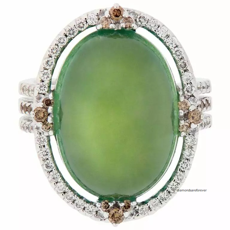 Cabochon Cut Deep Green Prehnite With Brown & White CZ Fantastic Fashion Ring