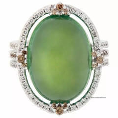 Cabochon Cut Deep Green Prehnite With Brown & White CZ Fantastic Fashion Ring